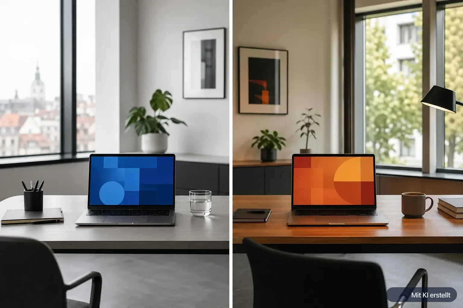 Zwei nebeneinanderliegende Schreibtische mit Laptops symbolisieren den Vergleich zweier KI-Modelle in einer modernen Büroumgebung.