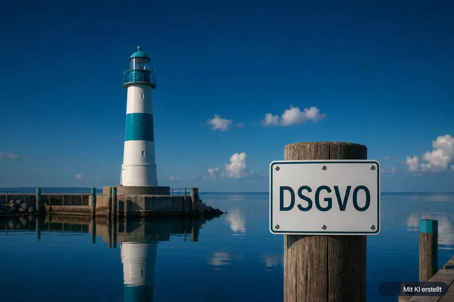Leuchtturm an einem ruhigen Hafen bei Tageslicht, im Vordergrund ein Schild mit der Aufschrift DSGVO in Navy- und Teal-Farbtönen.