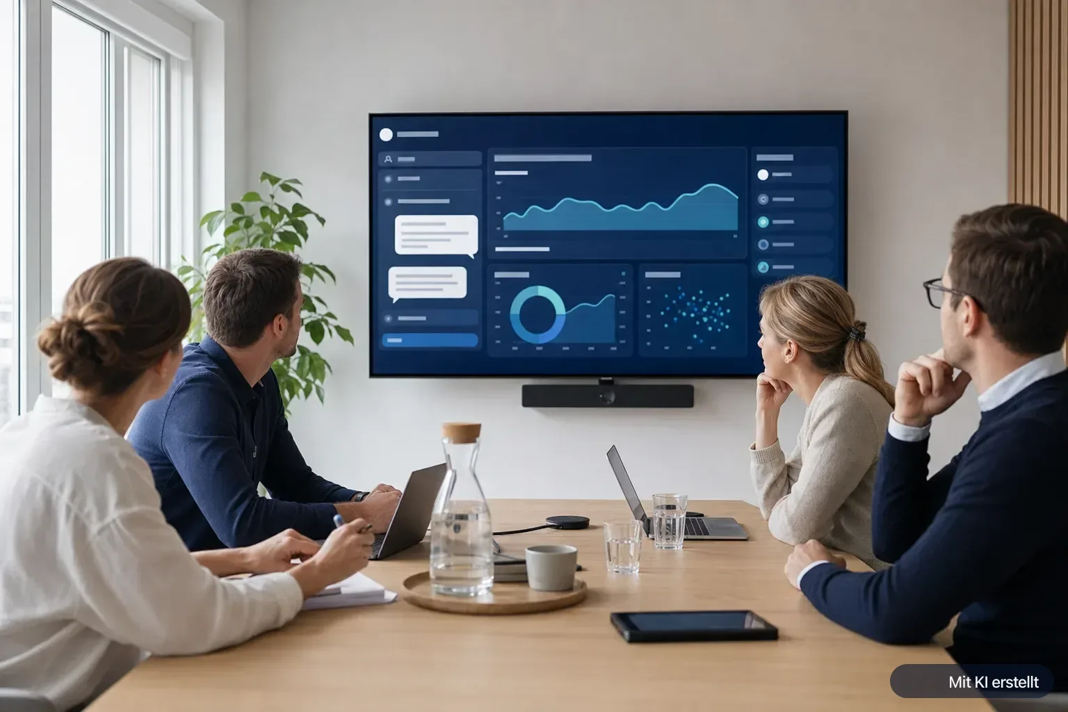 Helles Besprechungszimmer eines Mittelständlers, vier Personen blicken auf ein dezentes KI-Dashboard auf einem großen Wandbildschirm.