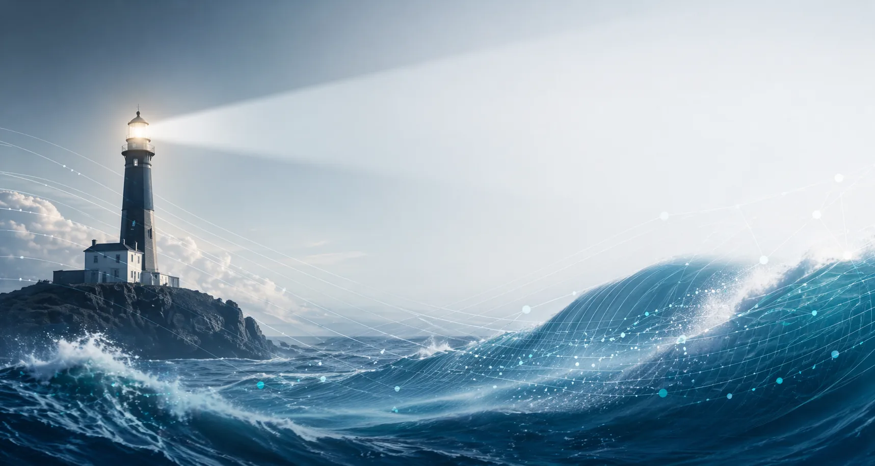 Leuchtturm über dem Meer – Metapher für sichere KI-Orientierung im Mittelstand