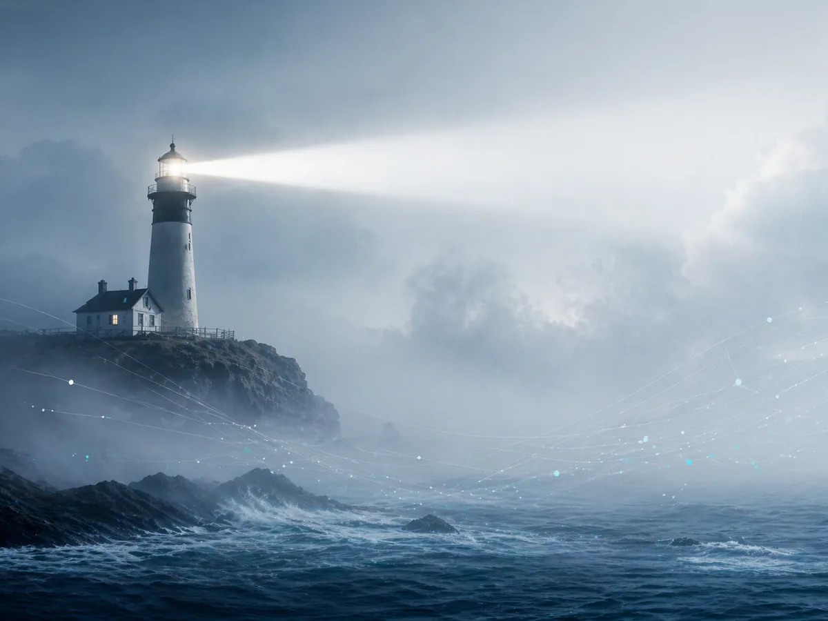 Leuchtturm im Nebel, vernetzt mit Datenpunkten